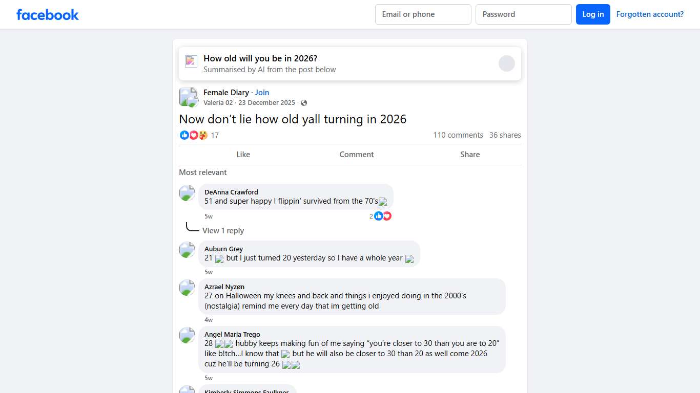 Female Diary Now don’t lie how old yall turning in 2026 Facebook